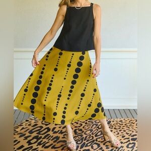 Buru Chic Mustard-Yellow A-Line Skirt with Black Dots.